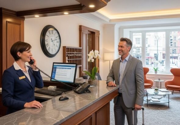 Recepcionistas trabajando en un hotel, representando el crecimiento del empleo turístico en 2025.