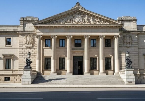 Recreacón artística de la fachada de una sede judicial en el País Vasco.