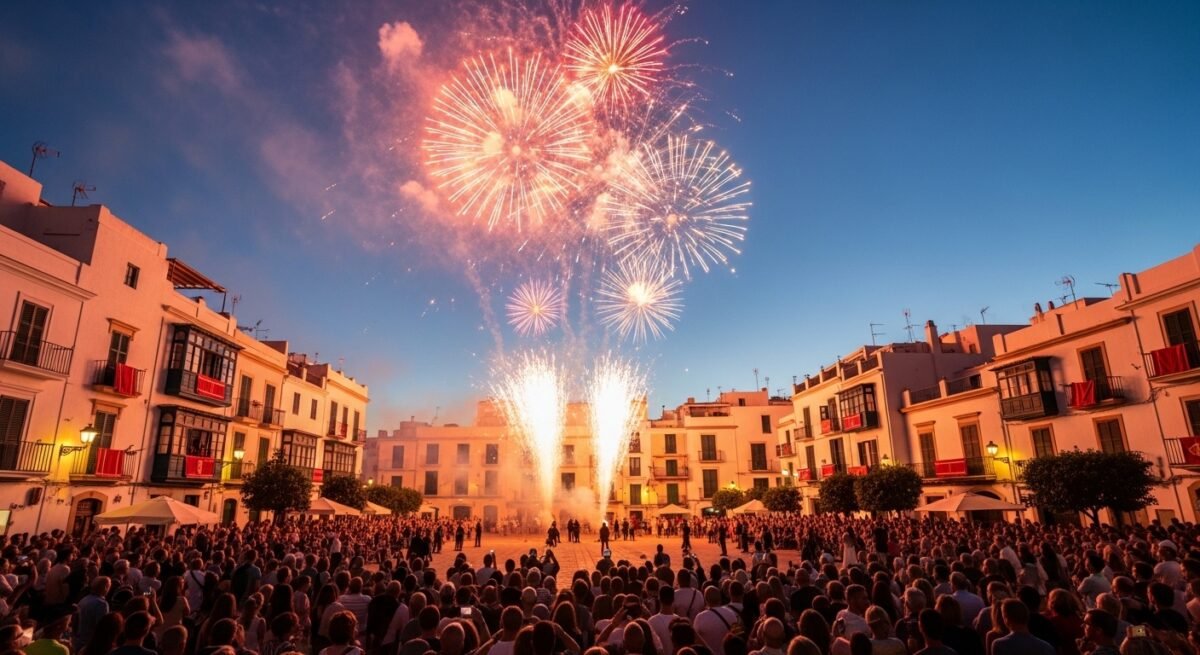 La fallera mayor de Valencia asistirá al 25 aniversario de las Fallas 2026 en Ibiza Recreación de una mascletá en una plaza de ibiza.