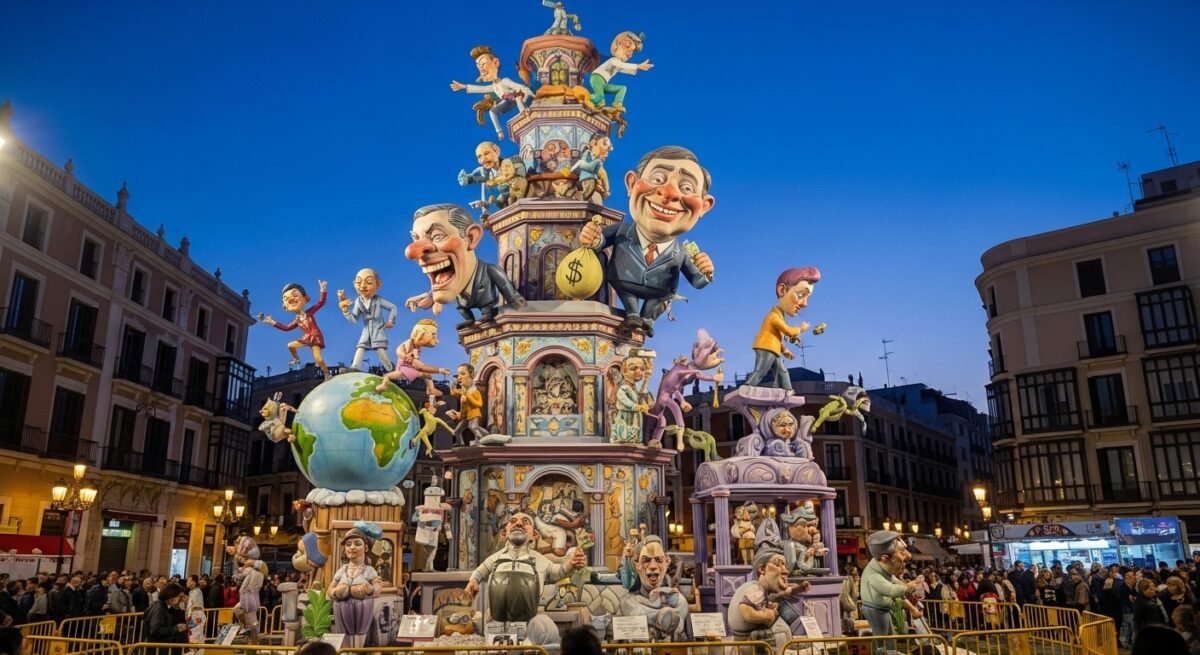 Hoteles en Valencia para las Fallas 2026: 3 aciertos seguros fuera del agobio Imagen que muestra una falla en Valencia desde el balcón de un hotel.