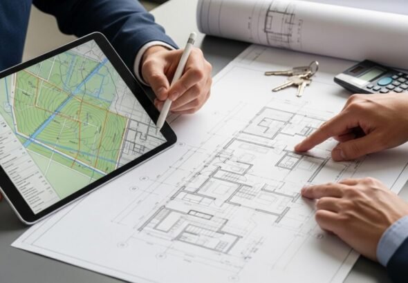 Agente inmobiliario realizando tareas de gestión catastral con planos digitales.