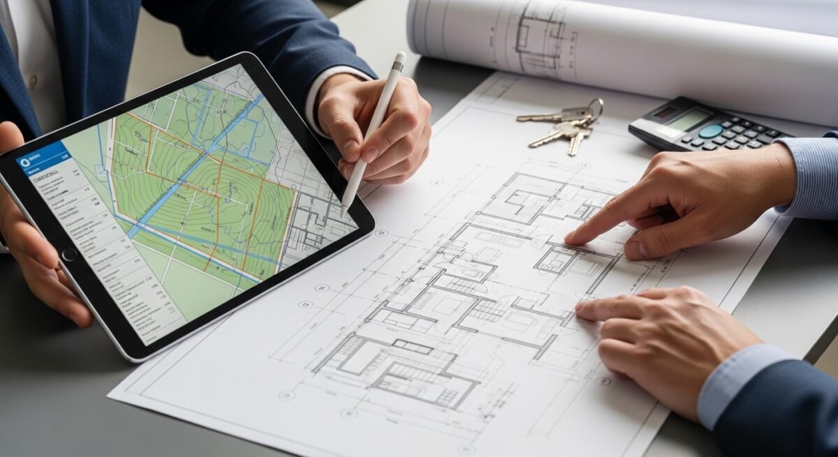Hacienda y los Agentes de la Propiedad Inmobiliaria de Valencia sellan un nuevo convenio de gestión catastral Agente inmobiliario realizando tareas de gestión catastral con planos digitales.