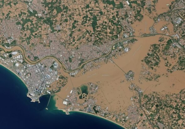 Recración digital de la imagen satelital de la zona afectada por la Dana de Valencia.