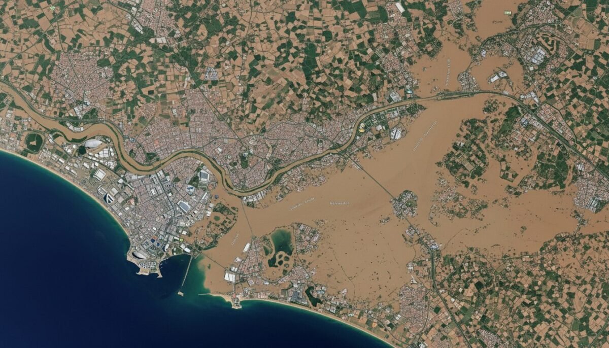 La jueza de Catarroja eleva al TSJCV la causa contra Carlos Mazón por la gestión de la Dana Recración digital de la imagen satelital de la zona afectada por la Dana de Valencia.