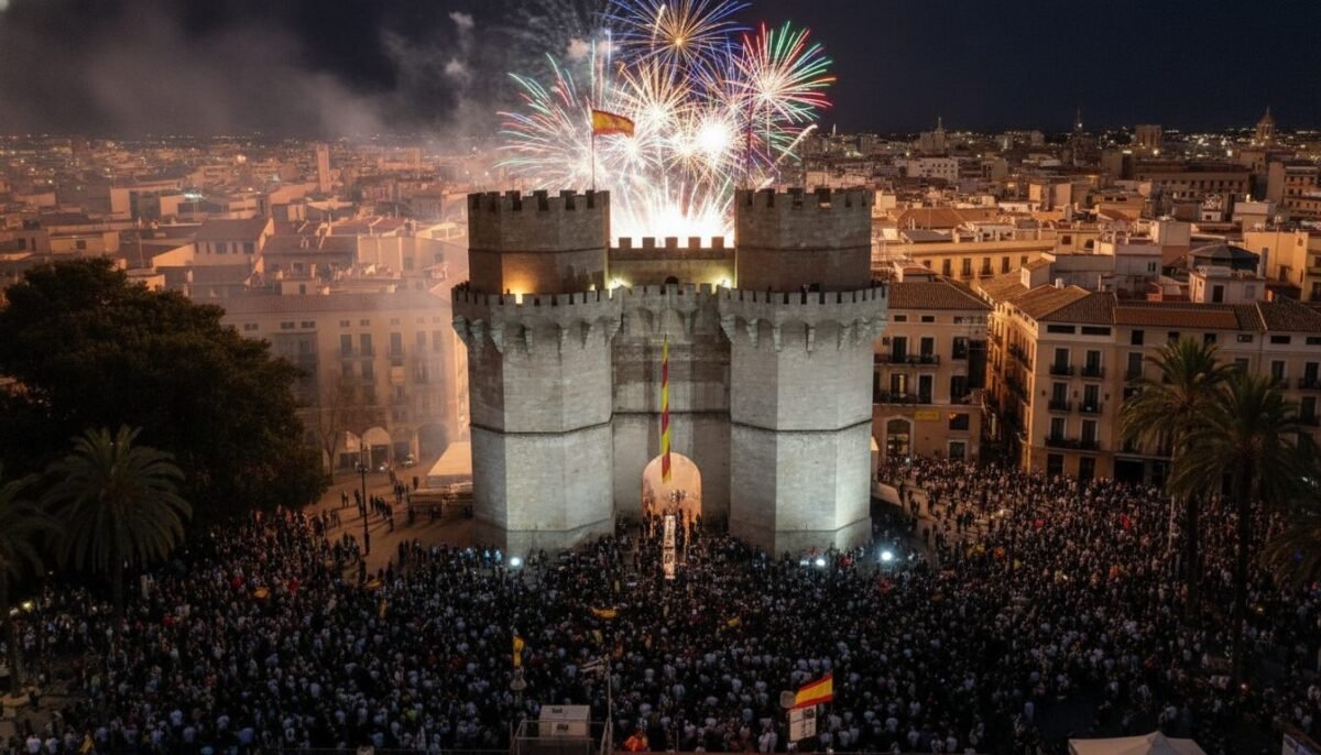 Multitud congregada frente a las Torres de Serranos para el acto de La Crida 2026.