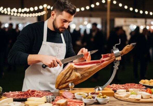 Una persona con maestría de corte de jamón, cortando jamón en un evento