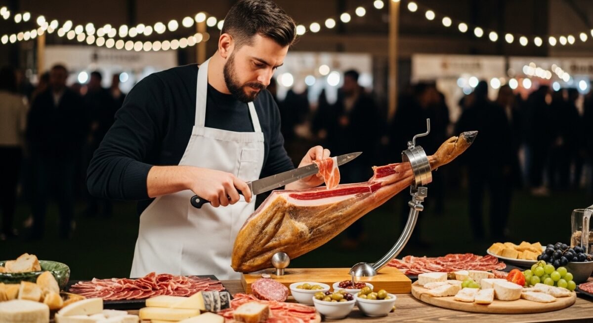 Una persona con maestría de corte de jamón, cortando jamón en un evento
