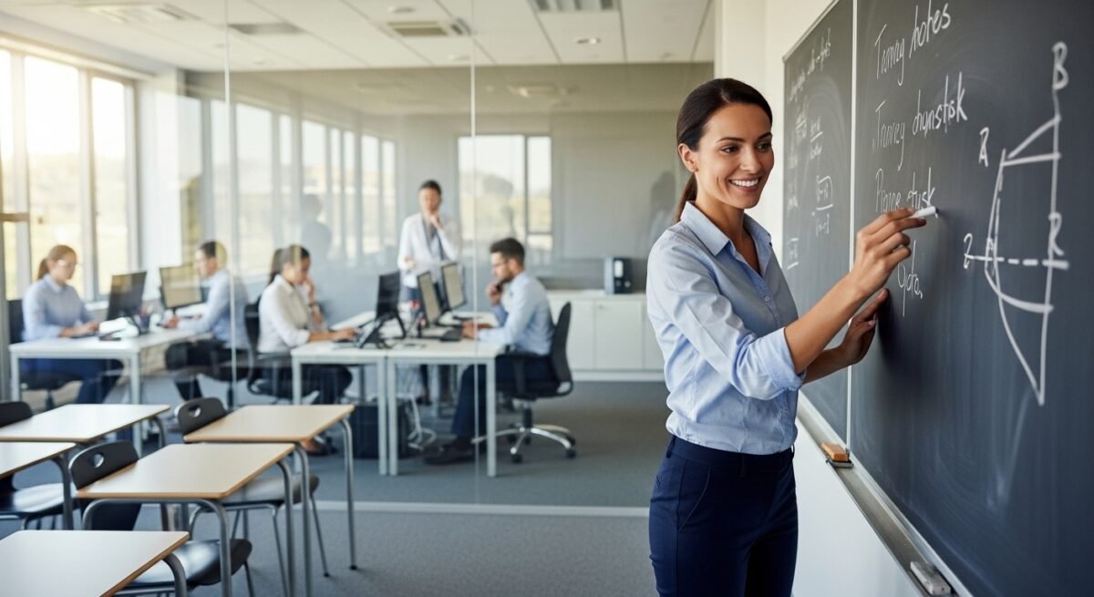 Los trabajadores de la educación concertada en Navarra y La Rioja cobrarán más sueldo y tendrán mejores permisos Profesores y personal de servicios en un colegio ilustrando las mejoras laborales en la enseñanza.