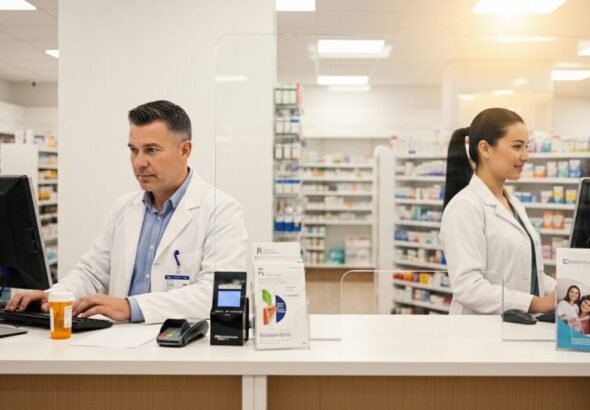 Interior de una de las oficinas de farmacia con personal técnico y farmacéutico.