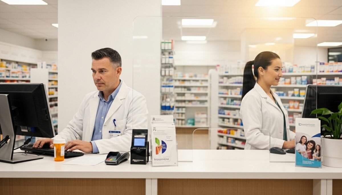 Oficinas de farmacia fijan una subida salarial del 2% a cuenta para 2025 y 2026 Interior de una de las oficinas de farmacia con personal técnico y farmacéutico.