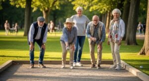 Unas personas jubiladas están jugando a la petaca en un parque. Recreación digital artística.