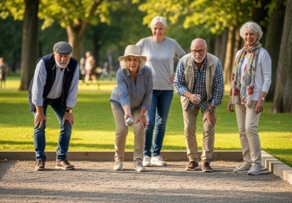 Unas personas jubiladas están jugando a la petaca en un parque. Recreación digital artística.