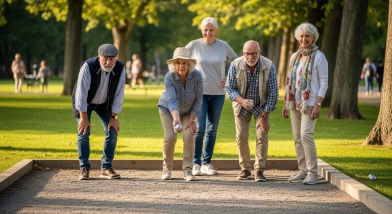Unas personas jubiladas están jugando a la petaca en un parque. Recreación digital artística.
