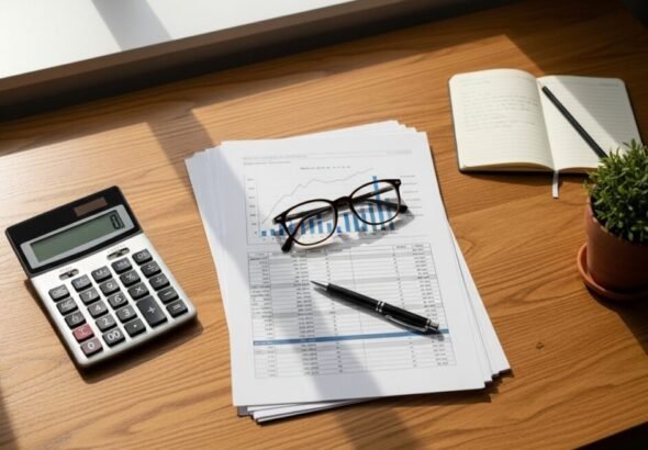 Calculadora y documentos sobre pensiones contributivas en una mesa.