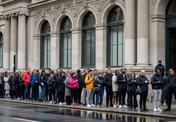 Personas haciendo cola en una oficina para regularizar su situación en España.