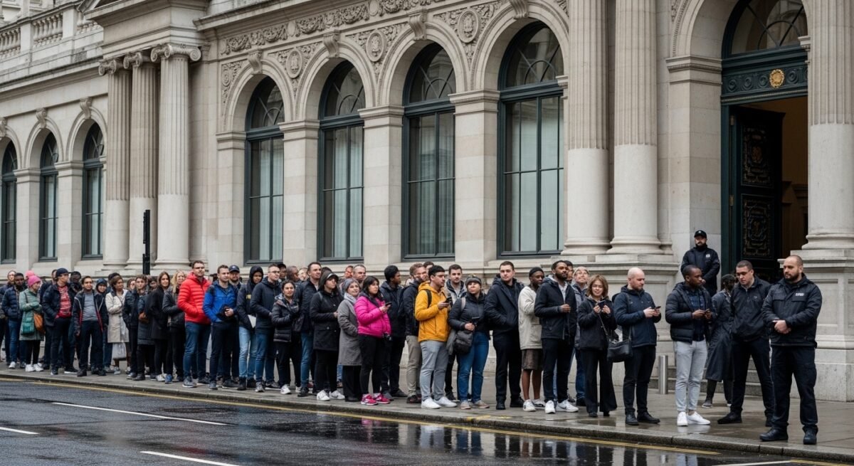 El proceso de regularización en España iniciará el plazo de solicitudes en abril Personas haciendo cola en una oficina para regularizar su situación en España.