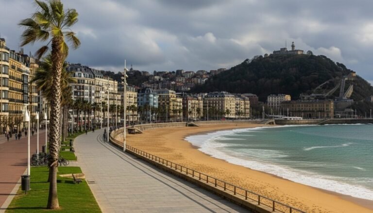 Imagen de un paseo maríticimo en una ciudad del norte de españa en un día nublado con viento.