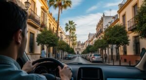Un hombre conduce su coche por una calle de una ciudad de España.