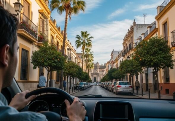 Un hombre conduce su coche por una calle de una ciudad de España.