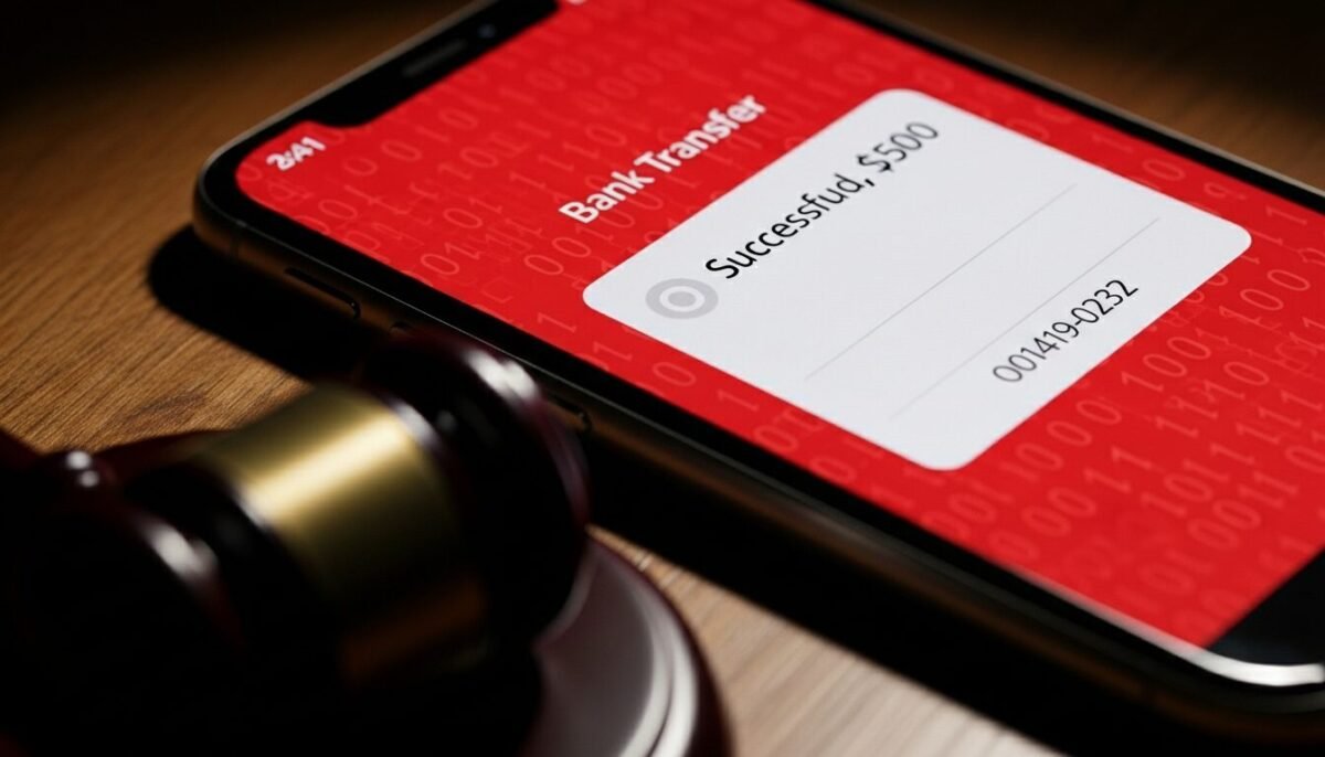 La Audiencia de A Coruña obliga al banco a devolver el dinero de las transferencias no consentidas Ilustración de fraude bancario y transferencias no consentidas en un móvil.