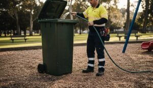 trabajador de mantenimiento con uniforme reflectante limpiando un contenedor.
