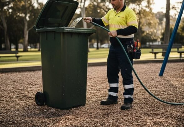 trabajador de mantenimiento con uniforme reflectante limpiando un contenedor.