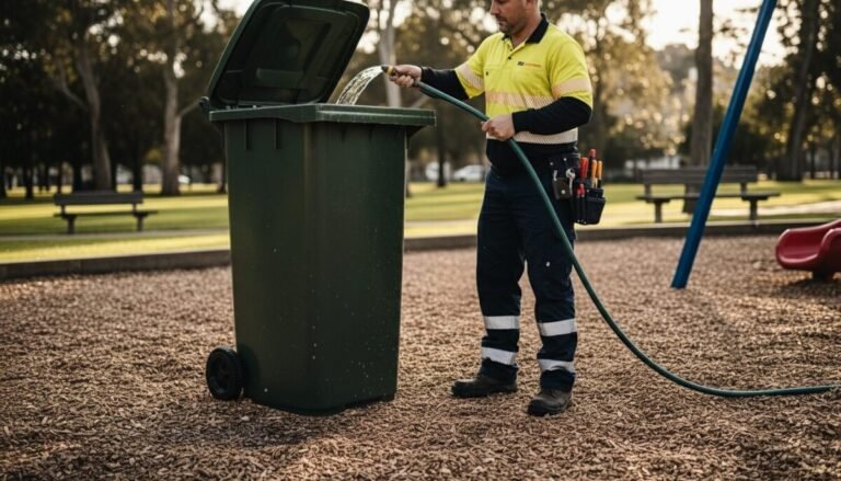 trabajador de mantenimiento con uniforme reflectante limpiando un contenedor.