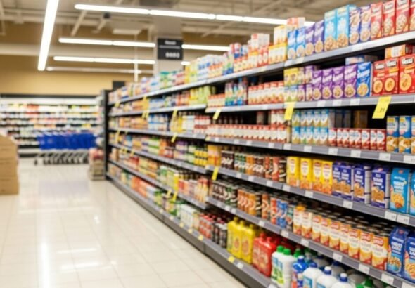 Imagen del interior de un supermercado. Se ve un pasillo con productos en las estanterias y al fondo carros de compra.