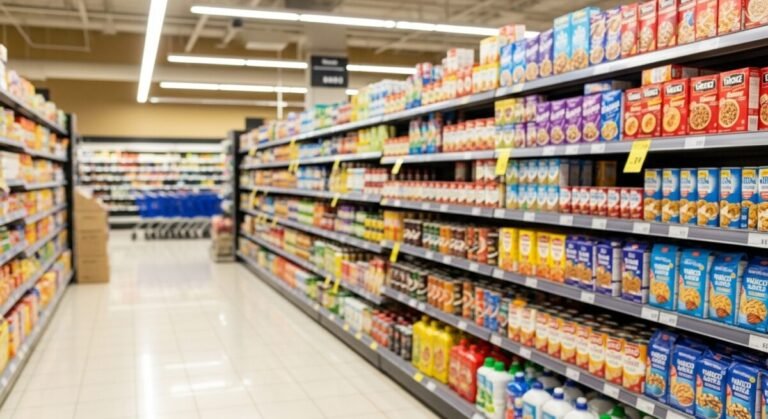 El BOE publica las tablas salariales de Carrefour con un incremento del 2% para 2026 Imagen del interior de un supermercado. Se ve un pasillo con productos en las estanterias y al fondo carros de compra.