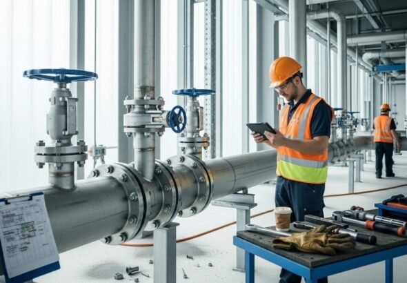 Trabajador del sector hídrico consultando las tablas salariales del ciclo integral del agua.