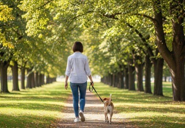 Imagen que muestra a una chica paseando con su perro por un parque.