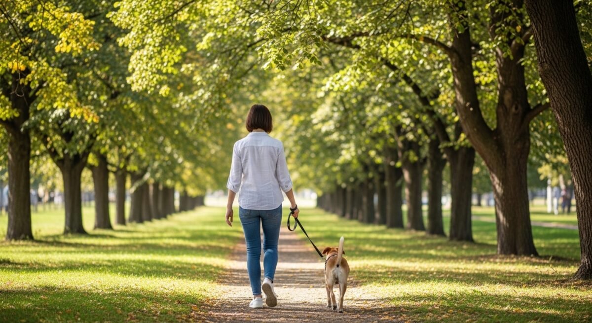 Imagen que muestra a una chica paseando con su perro por un parque.