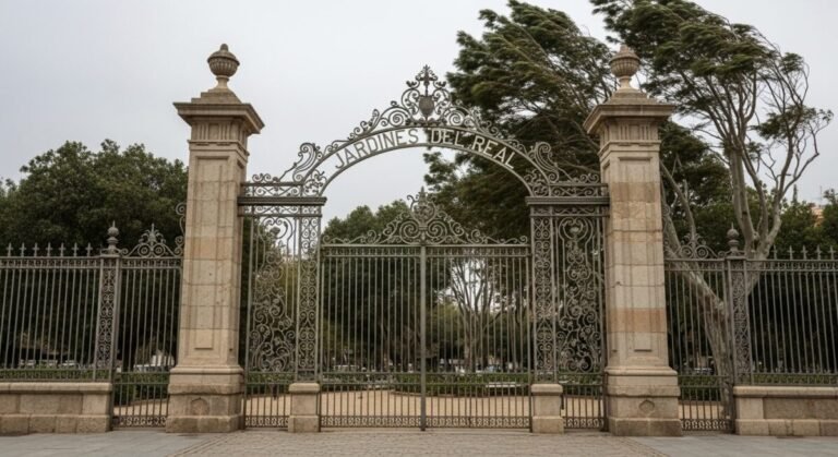 Puerta de entrada a un parque cerrado. Recreación digital artística.
