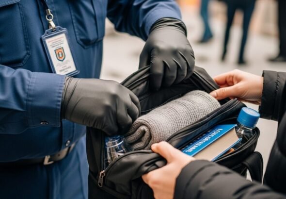 Un seguridad de una empresa está registrando el bolso de una trabajadora.