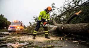 Operarios trabajando en una zona afectada por una emergencia tras el paso de las borrascas.