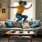 Movistar Plus+ lanza un plan gratuito en su plataforma Una chica saltando en el sofá de su casa viendo el plan gratuito de Movistar Plus+