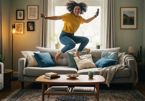 Una chica saltando en el sofá de su casa viendo el plan gratuito de Movistar Plus+