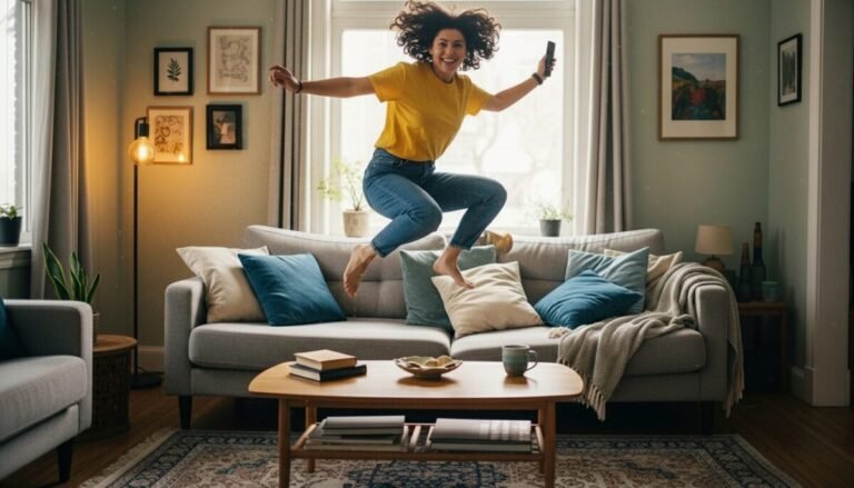 Una chica saltando en el sofá de su casa viendo el plan gratuito de Movistar Plus+