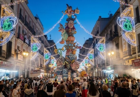 Recreación digital de una calle de Valencia en Fallas.