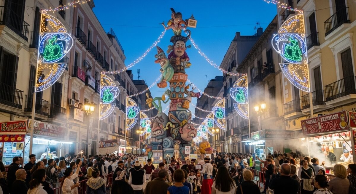Más multas y carpas más tarde: así cambiarán las Fallas de València en 2027 Recreación digital de una calle de Valencia en Fallas.