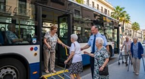 Personas mayores pensionistas subiendo a un bus del imserso.