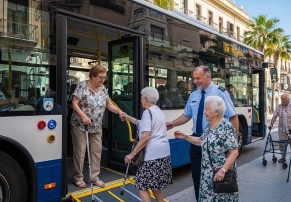 Personas mayores pensionistas subiendo a un bus del imserso.