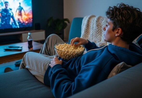 Imagen de una persona viendo la tv y comiendo palomitas en su casa en un canal de Streaming.