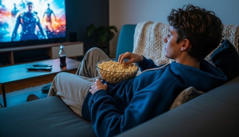Imagen de una persona viendo la tv y comiendo palomitas en su casa en un canal de Streaming.