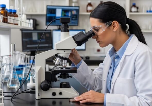 Una científica está mirando al microscopio la mutación del ADN mictocondrial.