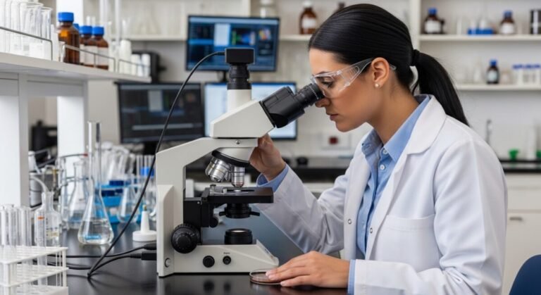 Una científica está mirando al microscopio la mutación del ADN mictocondrial.
