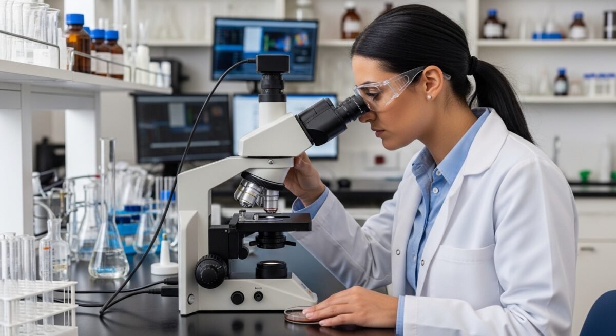 El error genético que frenó la expansión de un tumor Una científica está mirando al microscopio la mutación del ADN mictocondrial.