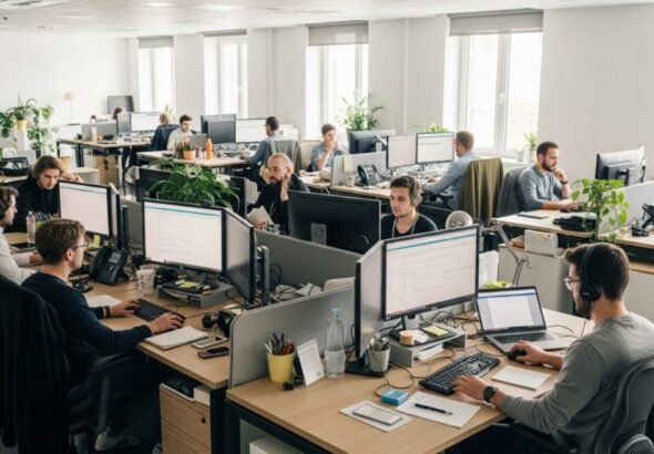 Recreación digital de una oficina con personas trabjando sobre el refuerzo de la Agencia Tributaria en la labor del control financiero.