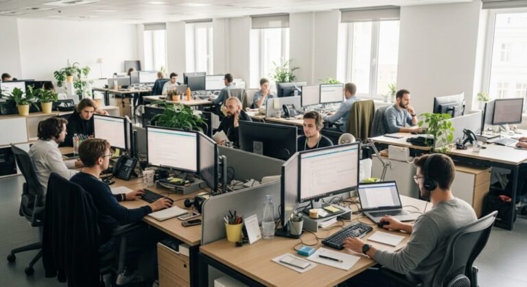 Recreación digital de una oficina con personas trabjando sobre el refuerzo de la Agencia Tributaria en la labor del control financiero.