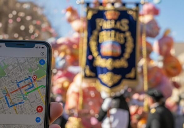 Recreación digital del mapa de la App Ofrenda y desfile festivo en fondo